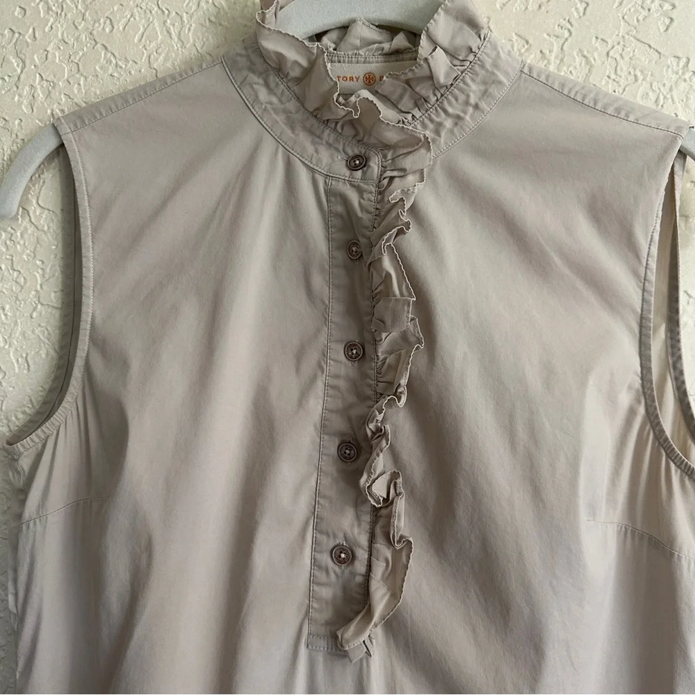 Tory Burch Light Tan Beige‎ Size 2 Ruffle Neck Sleeveless Blouse